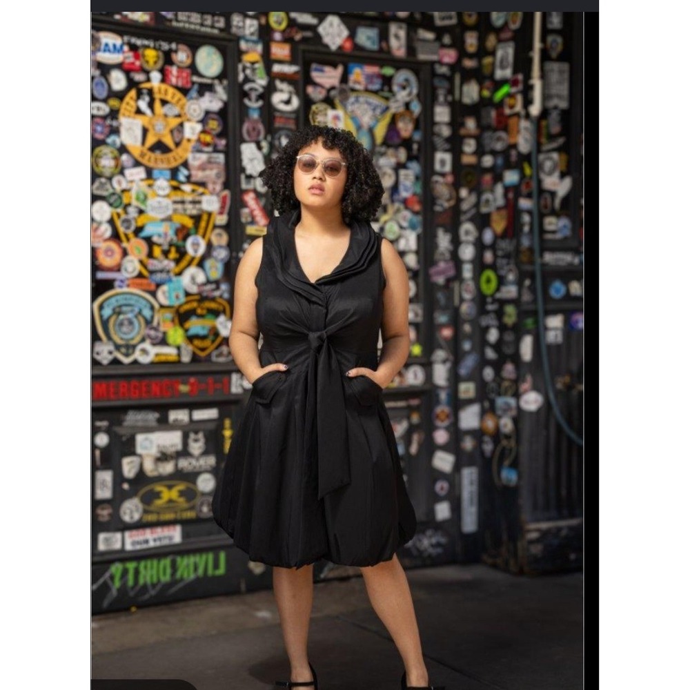 Samuel Dong Black Bubble Dress Portrait Collar Sleeveless Belted Midi Medium